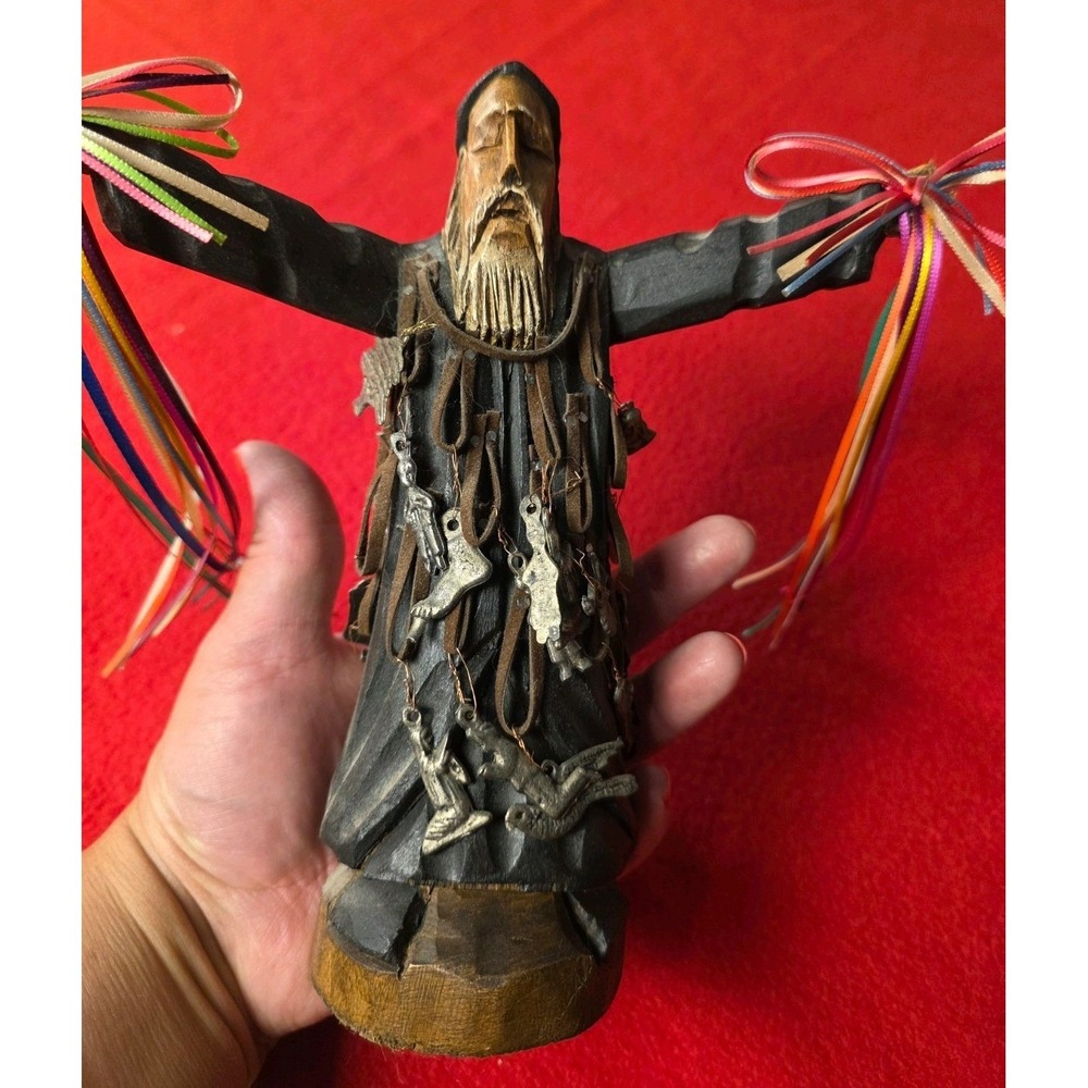 Vintage San Charbel Statue with Milagros Hand Carved Wood Mexico Folk Art